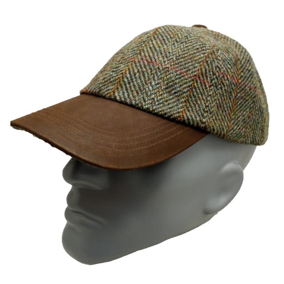 Harris Tweed® Hartside Leather Peak Baseball Cap HS16 Adjustable SAGE/WINE/GOLD - Picture 4 of 10